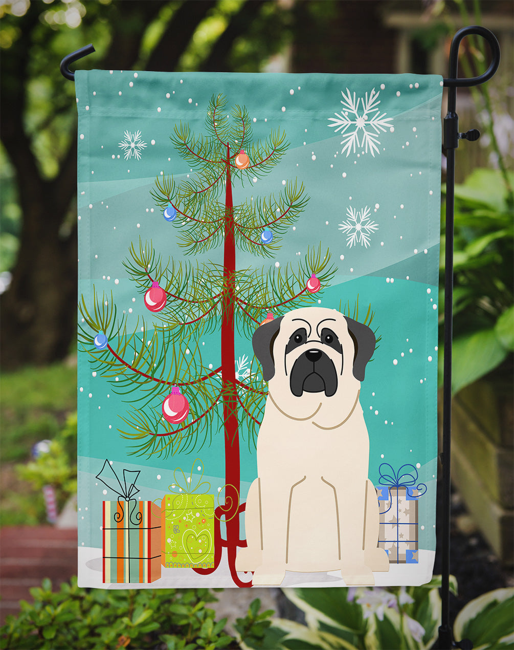 Merry Christmas Tree Mastiff White Garden Flag Mailbox Decorative Yard Banner Outside Patio Artwork for Flower Beds, Garden Size, Multicolor