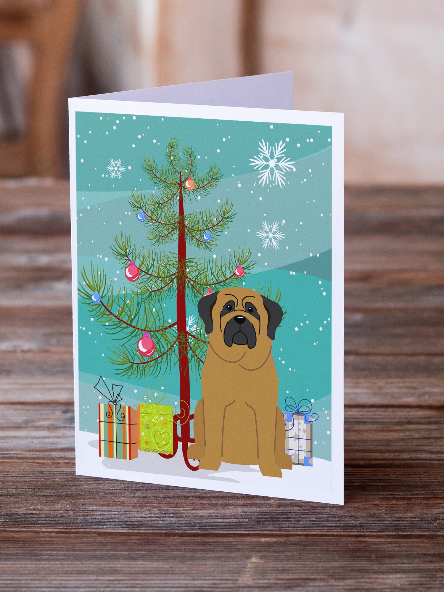 Merry Christmas Tree Mastiff Greeting Cards Pack of 8 Blank Cards with Envelopes Whimsical A7 Size 5x7