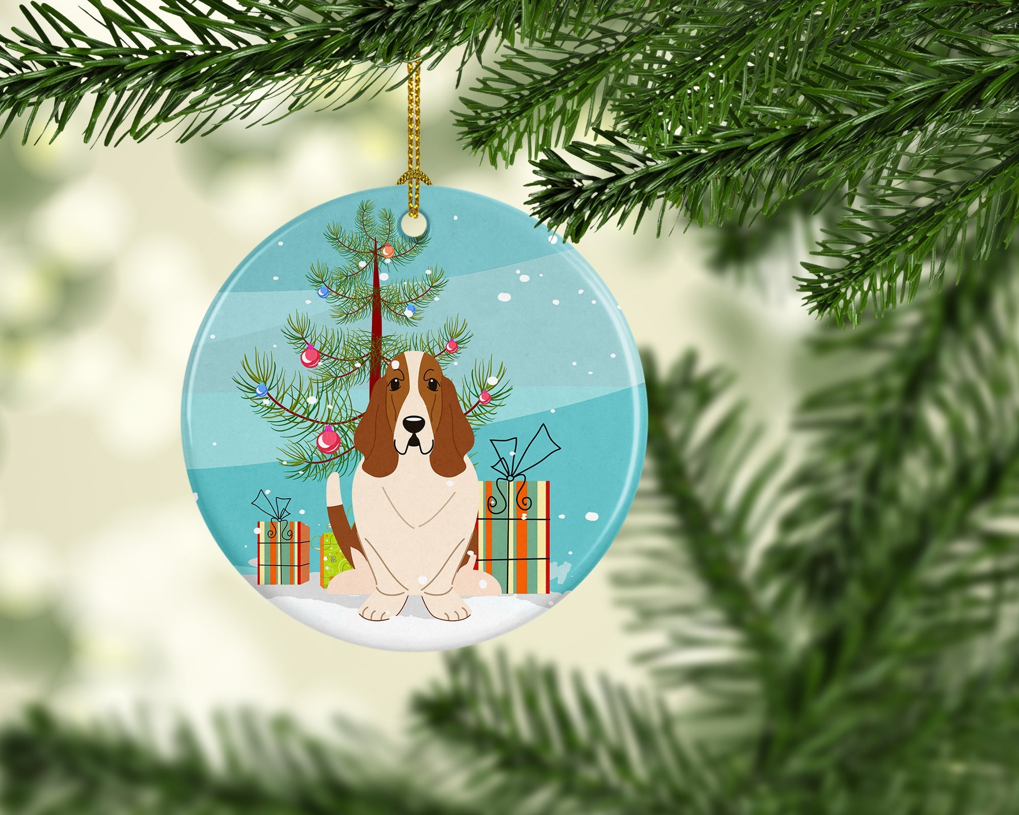 Merry Christmas Tree Basset Hound Ceramic Ornament Christmas Tree Hanging Decorations for Home Christmas Holiday, Party, Gift, 3 in, Multicolor