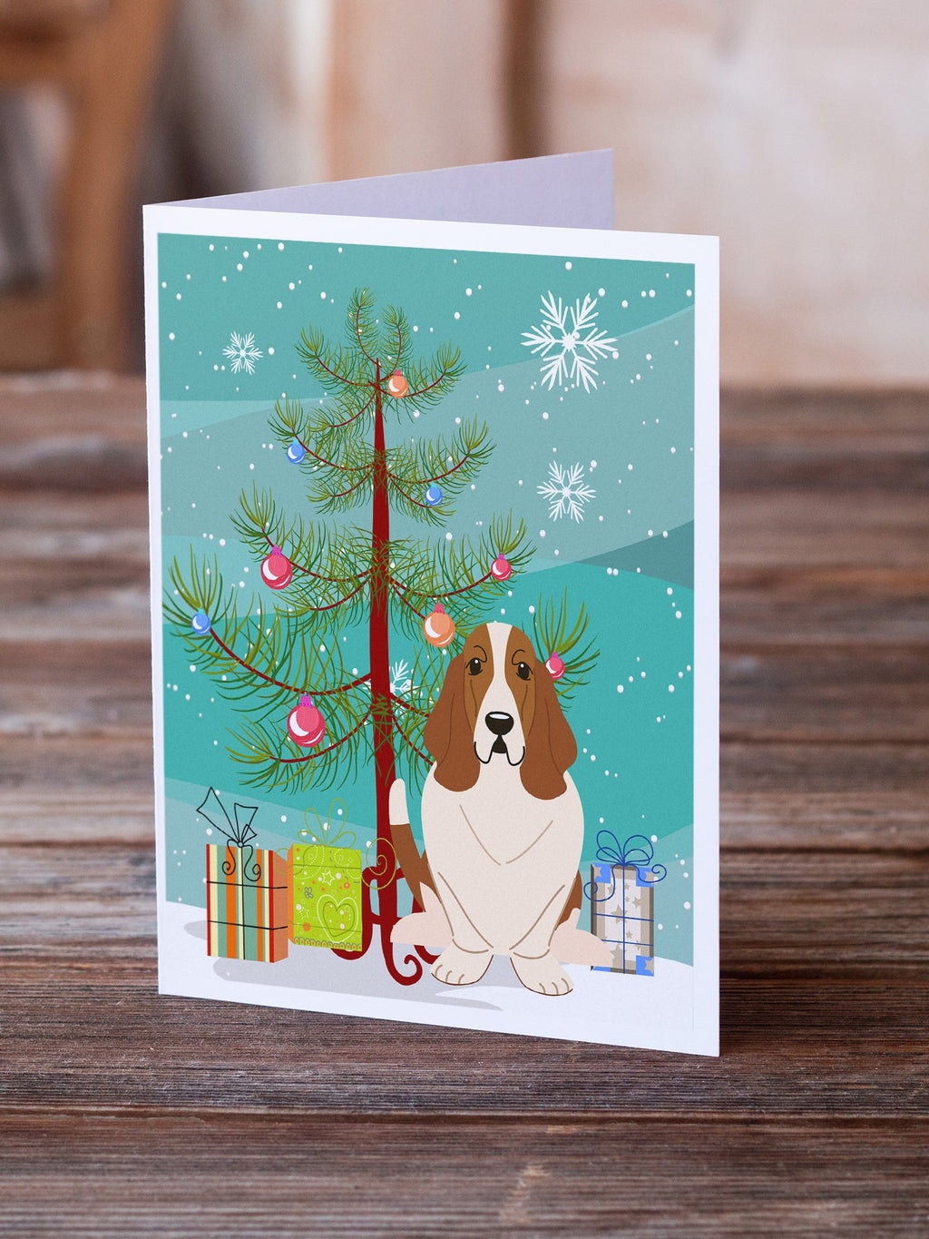 Merry Christmas Tree Basset Hound Greeting Cards Pack of 8 Blank Cards with Envelopes Whimsical A7 Size 5x7