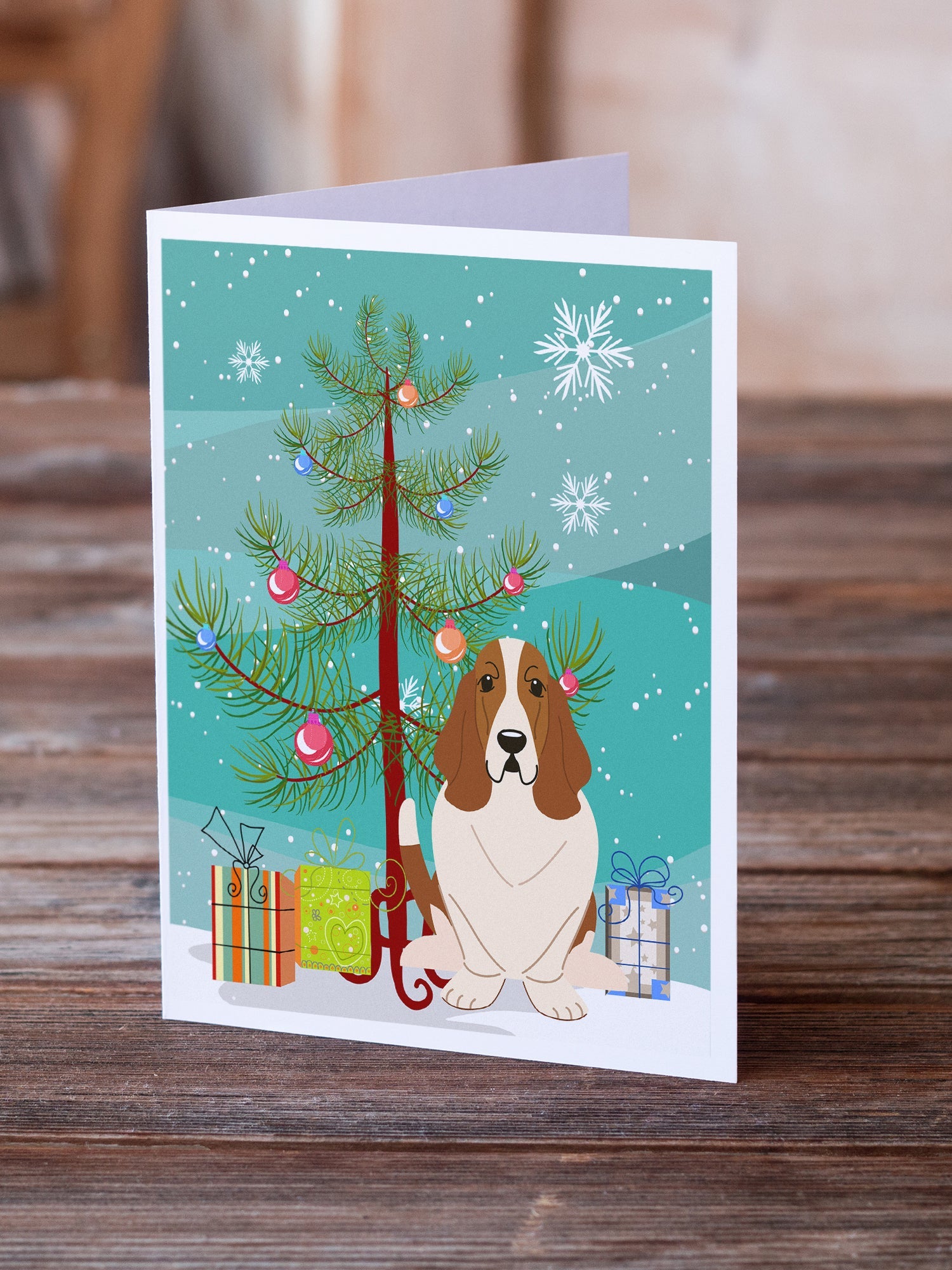 Merry Christmas Tree Basset Hound Greeting Cards Pack of 8 Blank Cards with Envelopes Whimsical A7 Size 5x7