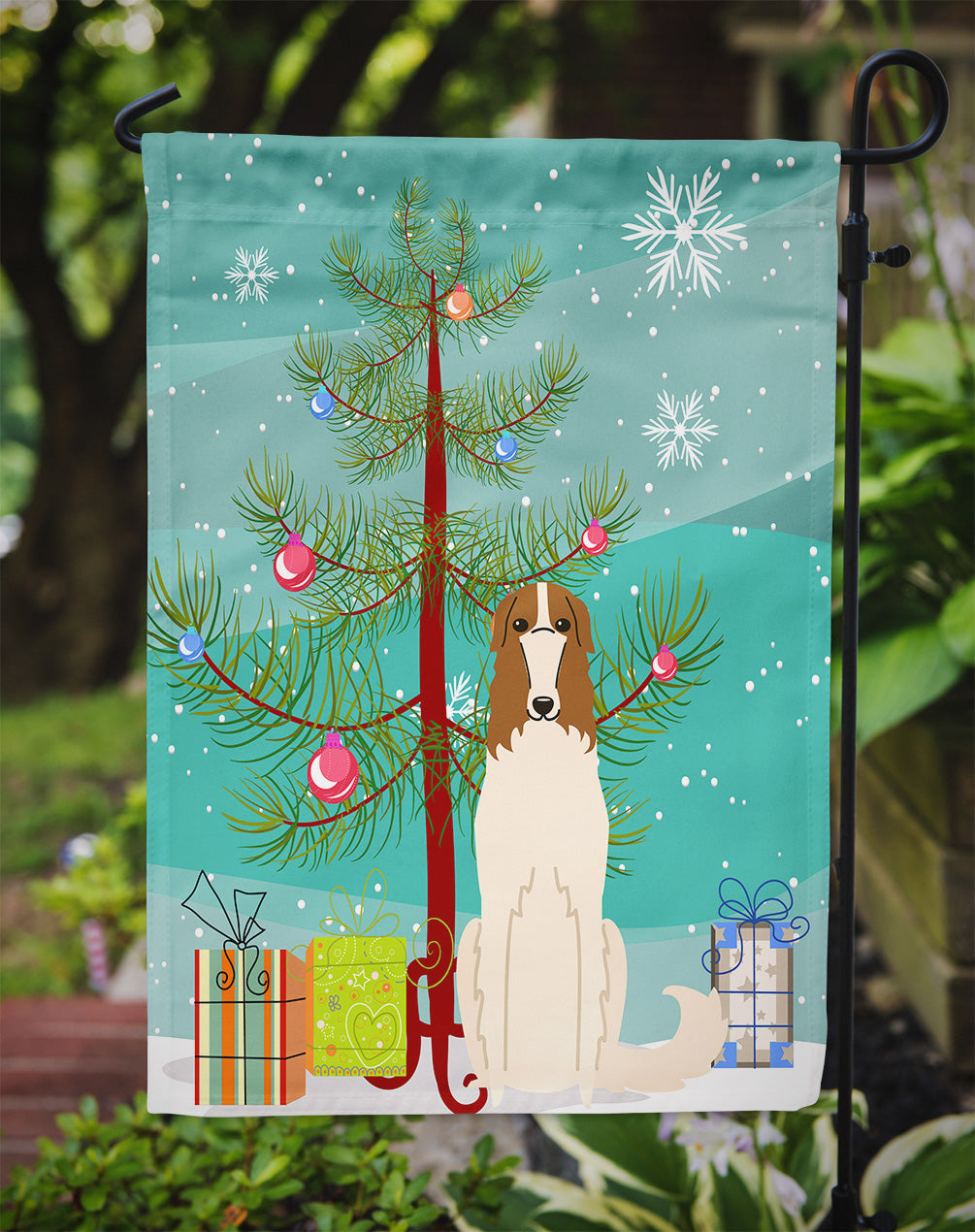 Merry Christmas Tree Borzoi Garden Flag Mailbox Decorative Yard Banner Outside Patio Artwork for Flower Beds, Garden Size, Multicolor