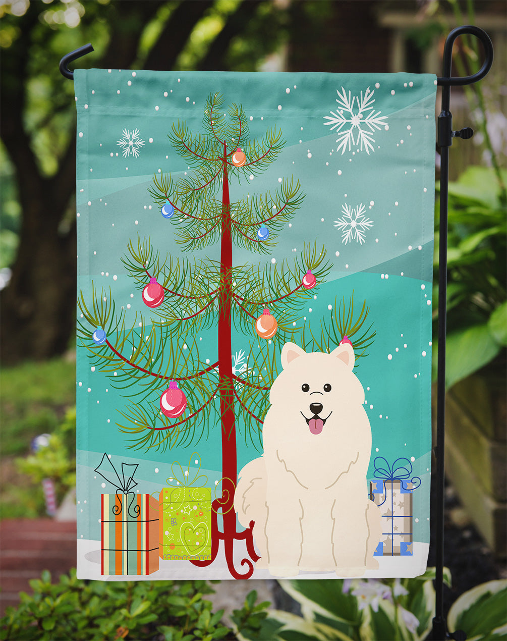 Merry Christmas Tree Samoyed Garden Flag Mailbox Decorative Yard Banner Outside Patio Artwork for Flower Beds, Garden Size, Multicolor