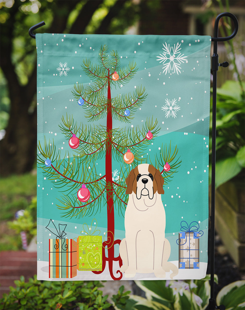 Merry Christmas Tree Saint Bernard Garden Flag Mailbox Decorative Yard Banner Outside Patio Artwork for Flower Beds, Garden Size, Multicolor