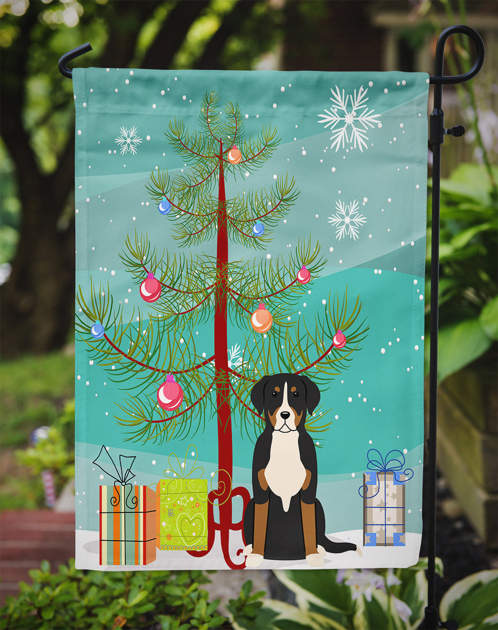 Merry Christmas Tree Greater Swiss Mountain Dog Garden Flag Mailbox Decorative Yard Banner Outside Patio Artwork for Flower Beds, Garden Size, Multicolor