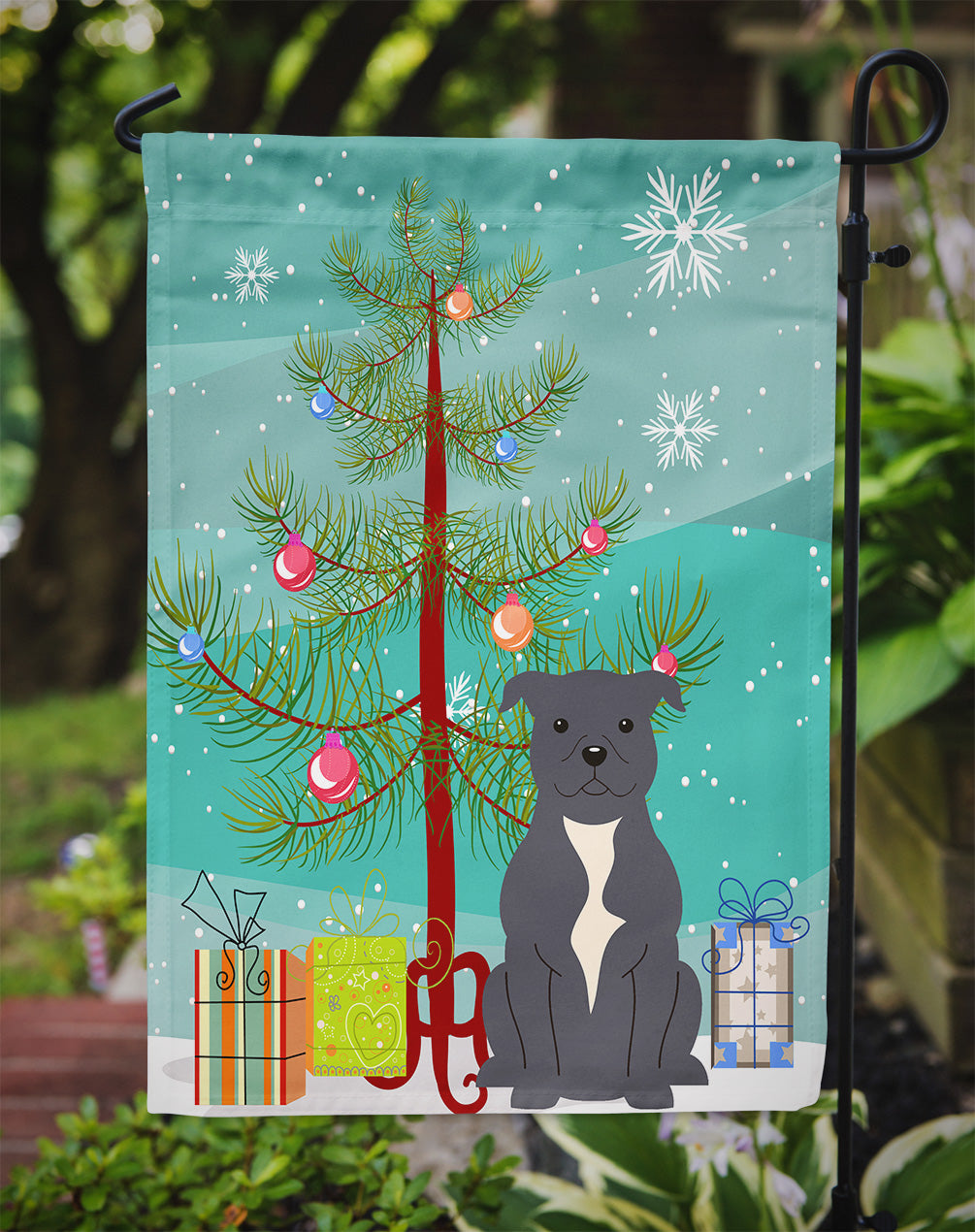 Merry Christmas Tree Staffordshire Bull Terrier Blue Garden Flag Mailbox Decorative Yard Banner Outside Patio Artwork for Flower Beds, Garden Size, Multicolor