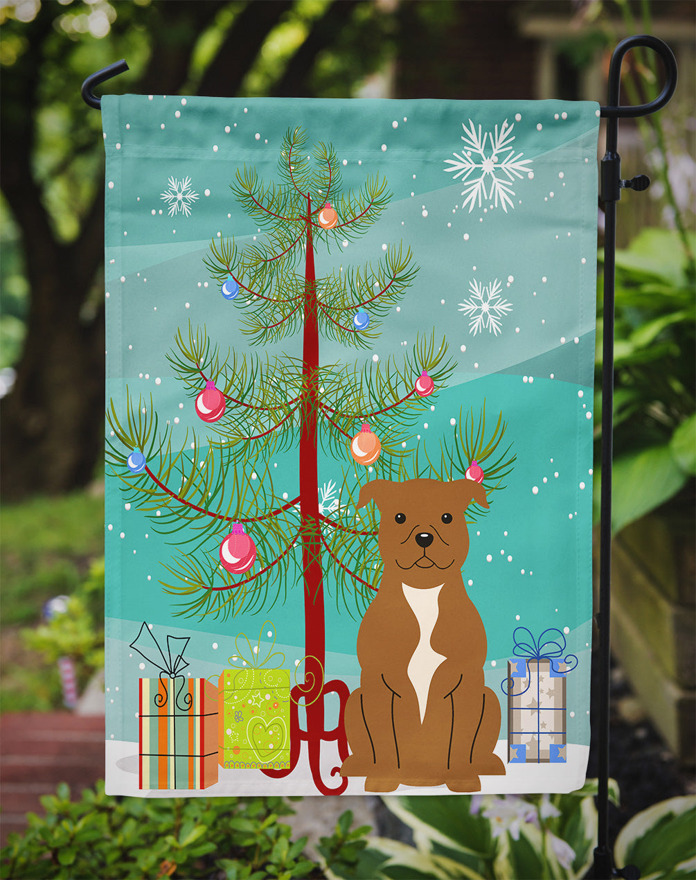 Merry Christmas Tree Staffordshire Bull Terrier Brown Garden Flag Mailbox Decorative Yard Banner Outside Patio Artwork for Flower Beds, Garden Size, Multicolor