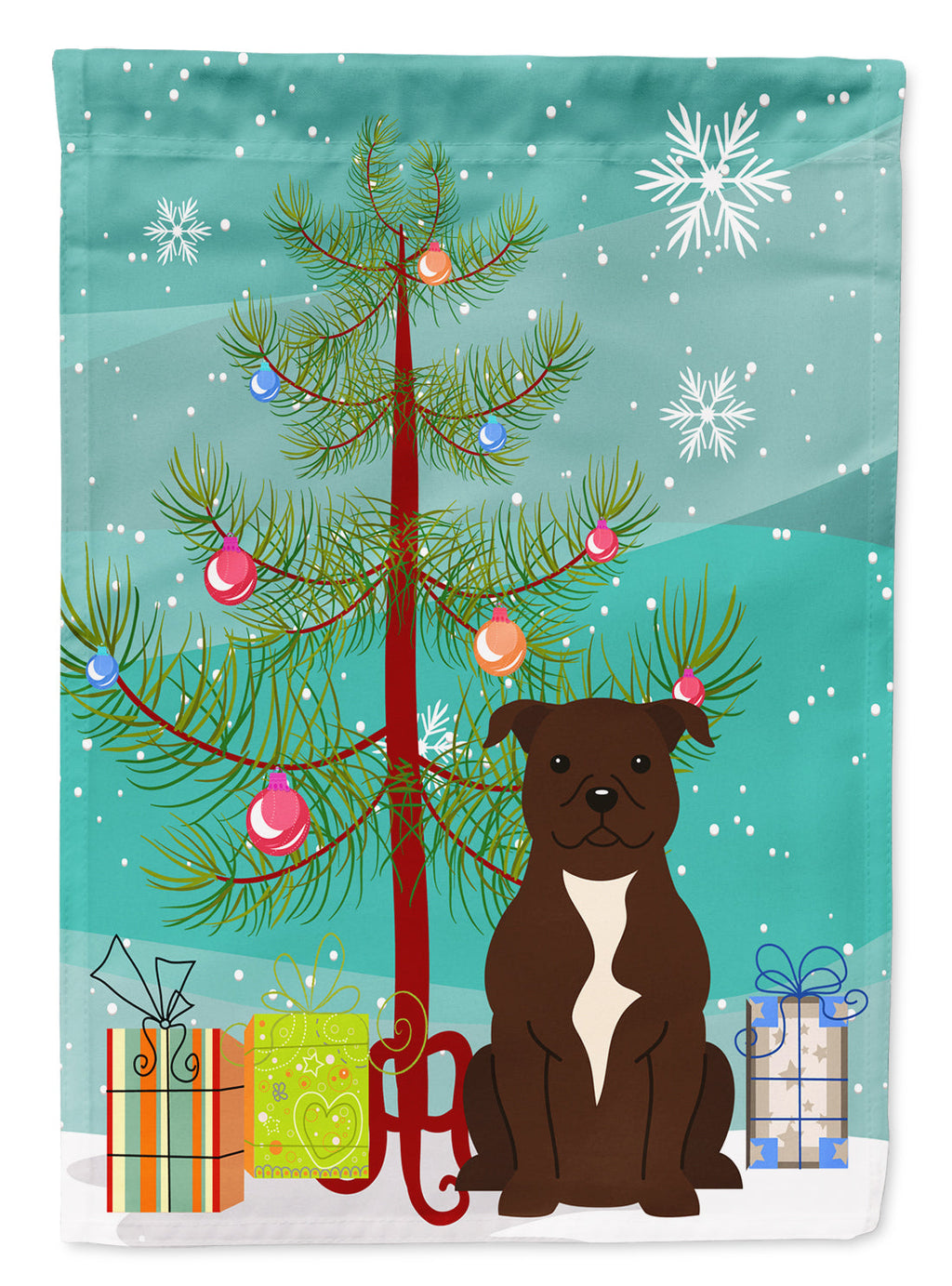 Merry Christmas Tree Staffordshire Bull Terrier Chocolate Garden Flag Mailbox Decorative Yard Banner Outside Patio Artwork for Flower Beds, Garden Size, Multicolor