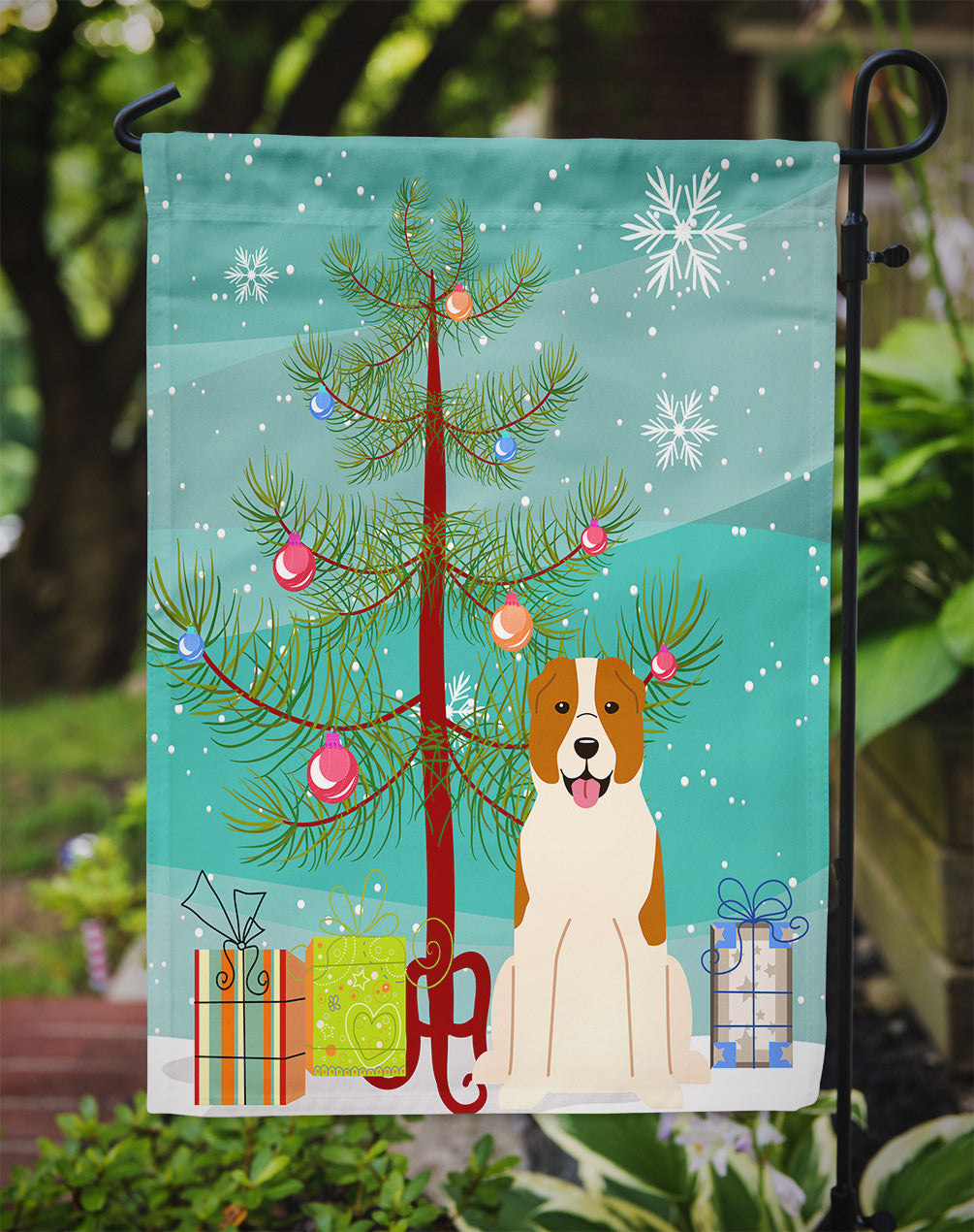 Merry Christmas Tree Central Asian Shepherd Dog Garden Flag Mailbox Decorative Yard Banner Outside Patio Artwork for Flower Beds, Garden Size, Multicolor