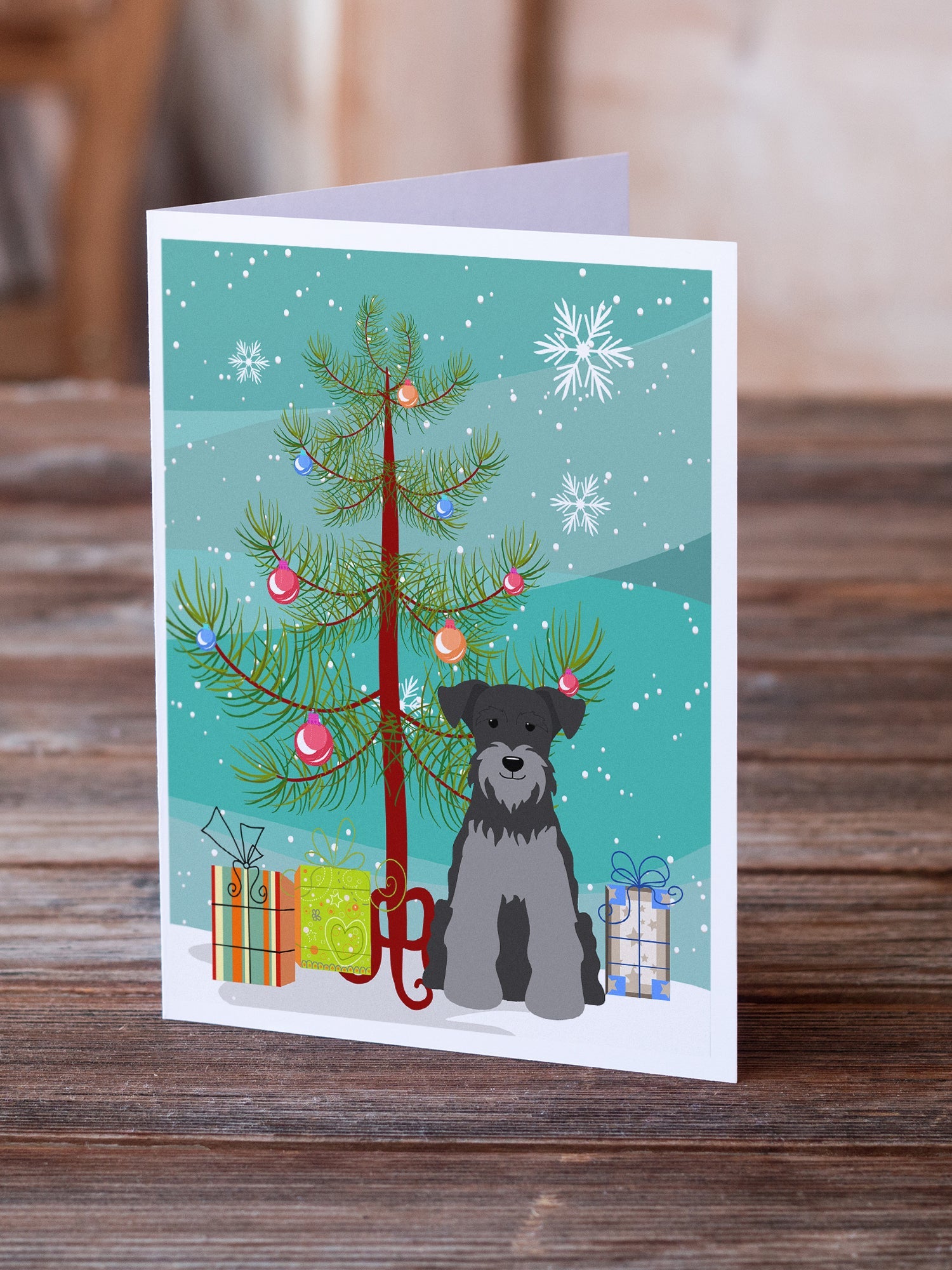 Merry Christmas Tree Miniature Schnauzer Black Silver Greeting Cards Pack of 8 Blank Cards with Envelopes Whimsical A7 Size 5x7