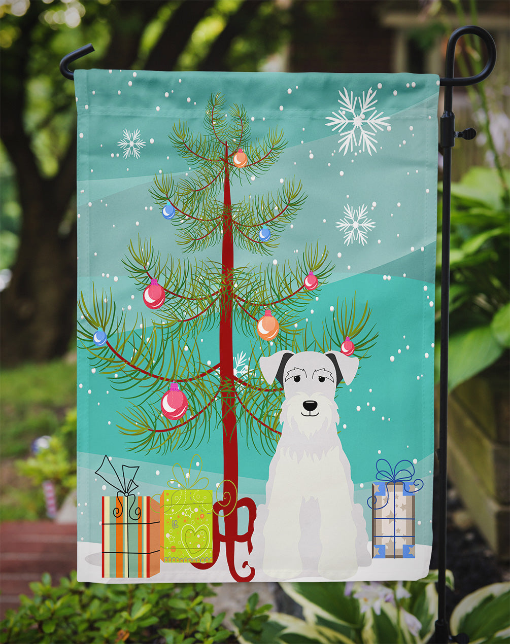 Merry Christmas Tree Miniature Schnauzer White Garden Flag Mailbox Decorative Yard Banner Outside Patio Artwork for Flower Beds, Garden Size, Multicolor
