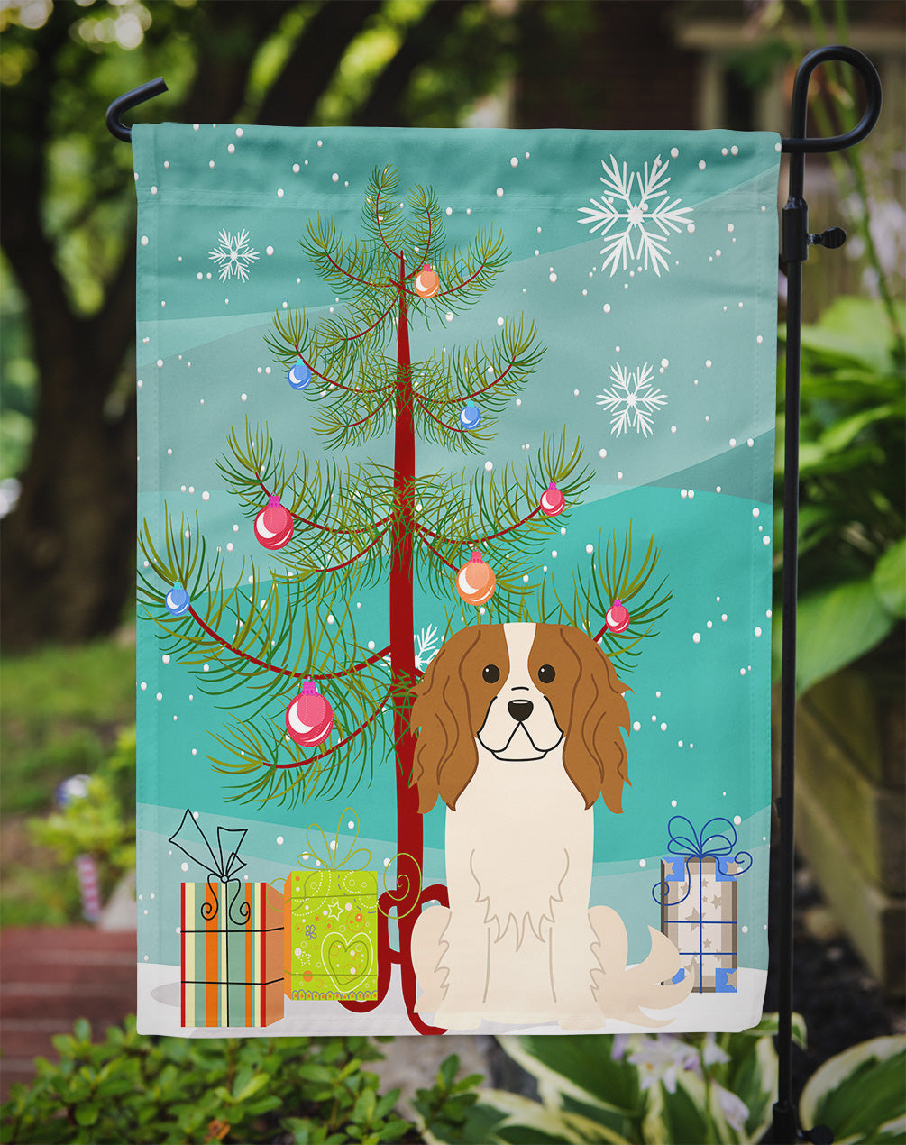 Merry Christmas Tree Cavalier Spaniel Garden Flag Mailbox Decorative Yard Banner Outside Patio Artwork for Flower Beds, Garden Size, Multicolor