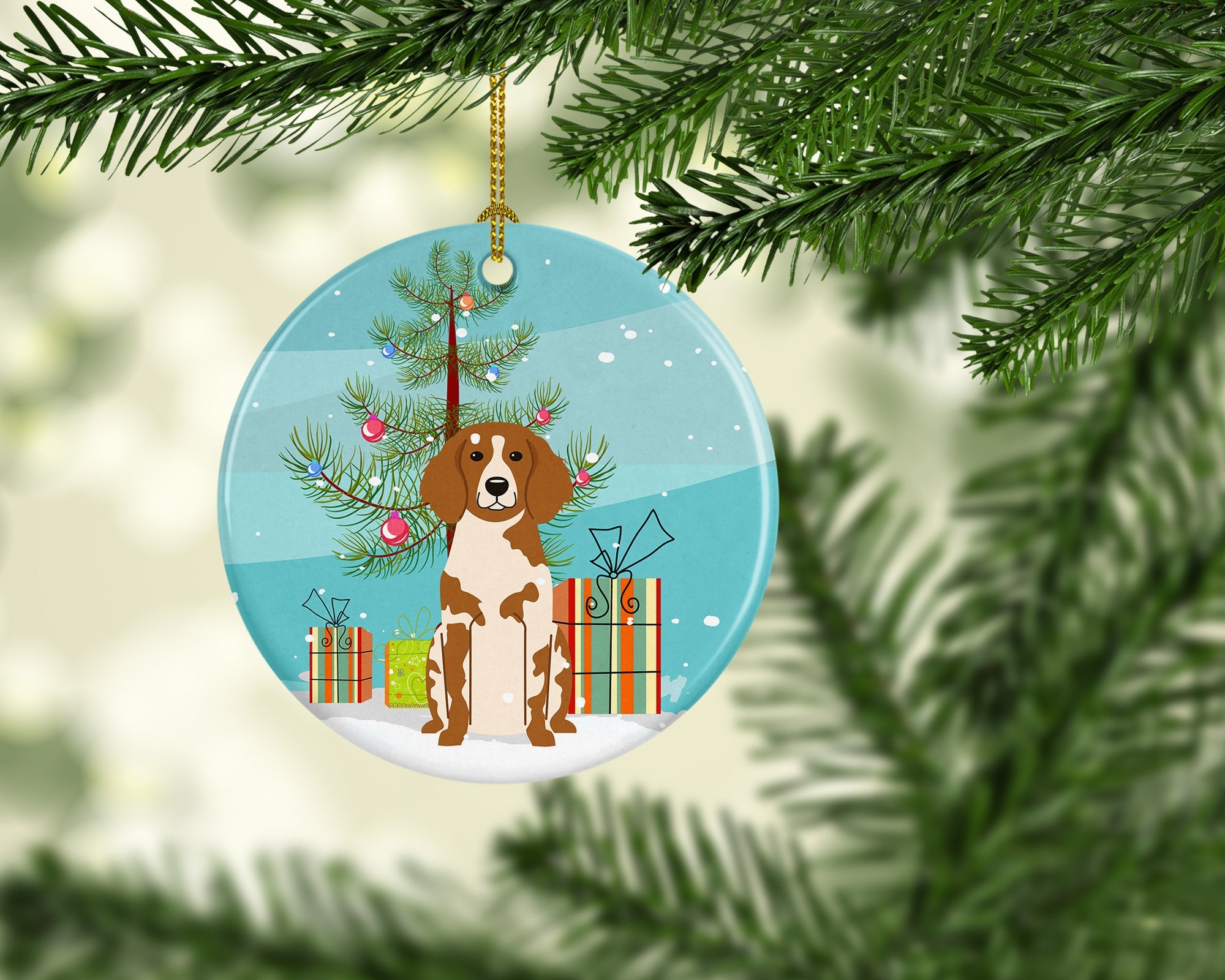 Merry Christmas Tree Brittany Spaniel Ceramic Ornament Christmas Tree Hanging Decorations for Home Christmas Holiday, Party, Gift, 3 in, Multicolor