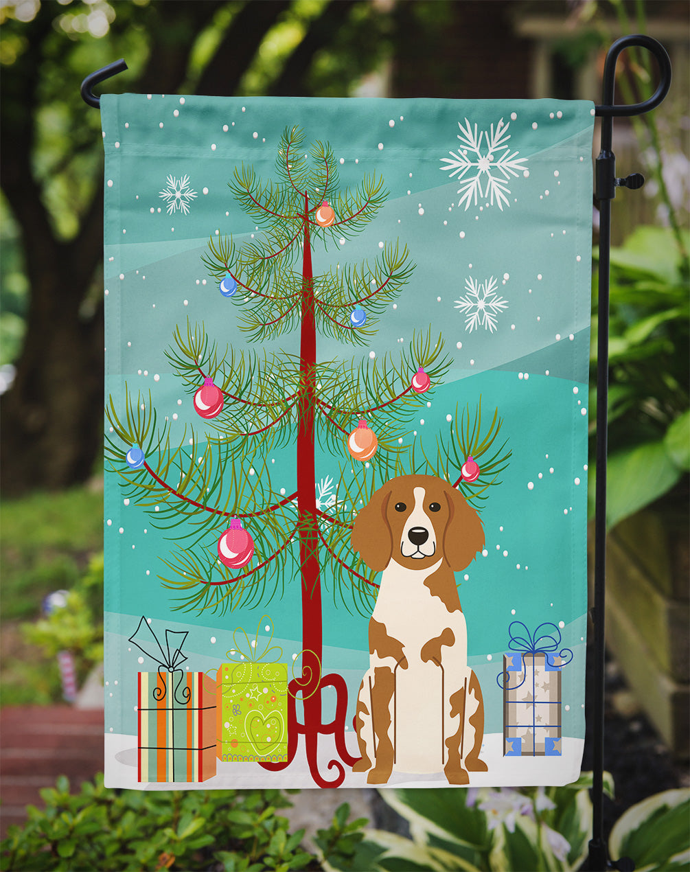 Merry Christmas Tree Brittany Spaniel Garden Flag Mailbox Decorative Yard Banner Outside Patio Artwork for Flower Beds, Garden Size, Multicolor