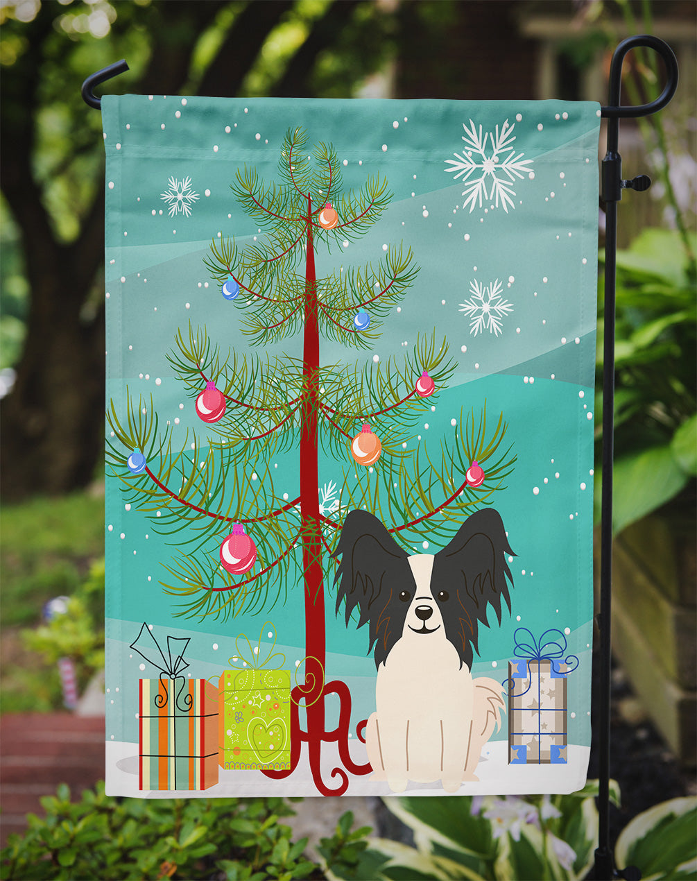 Merry Christmas Tree Papillon Black White Garden Flag Mailbox Decorative Yard Banner Outside Patio Artwork for Flower Beds, Garden Size, Multicolor