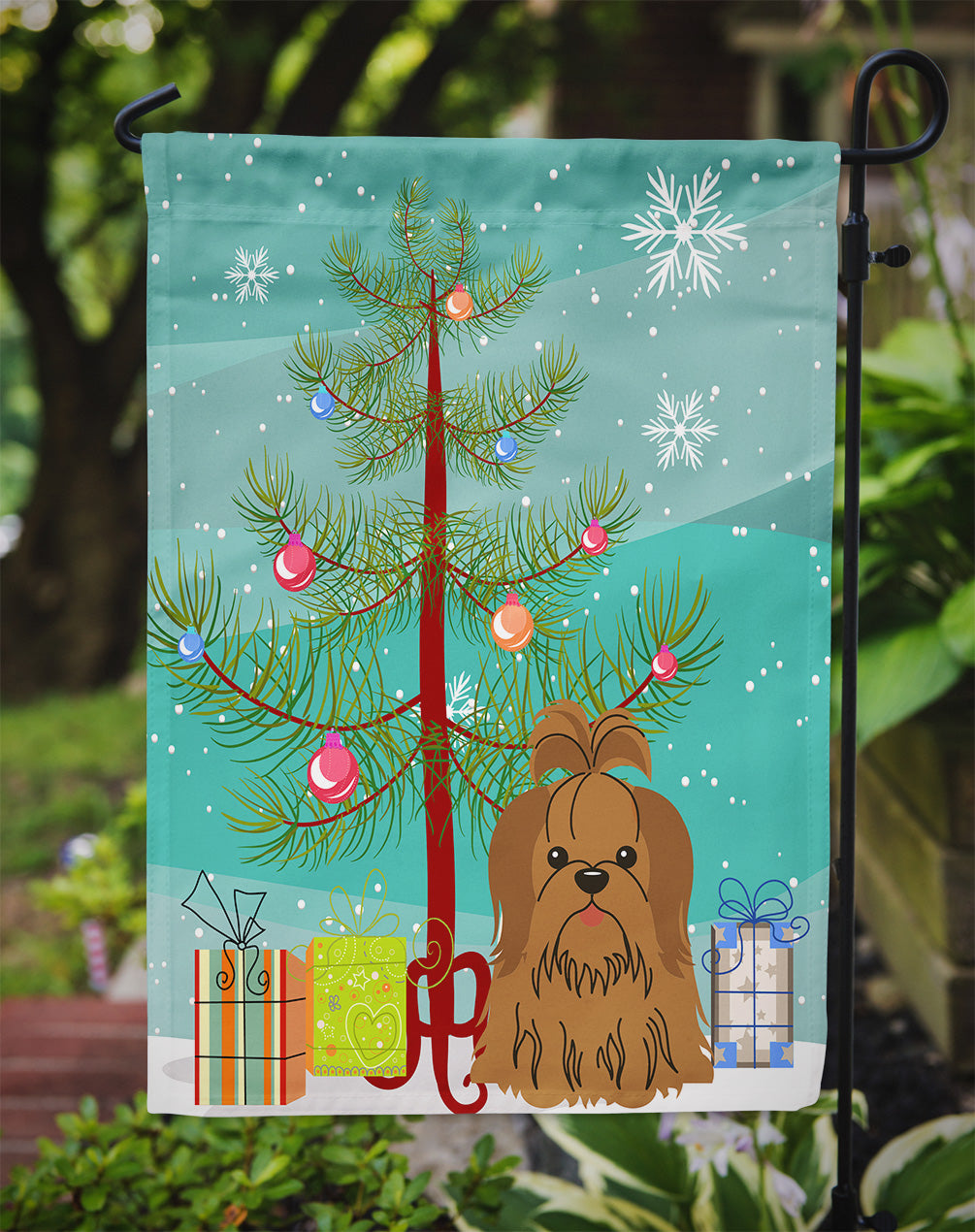 Merry Christmas Tree Shih Tzu Silver Chocolate Garden Flag Mailbox Decorative Yard Banner Outside Patio Artwork for Flower Beds, Garden Size, Multicolor