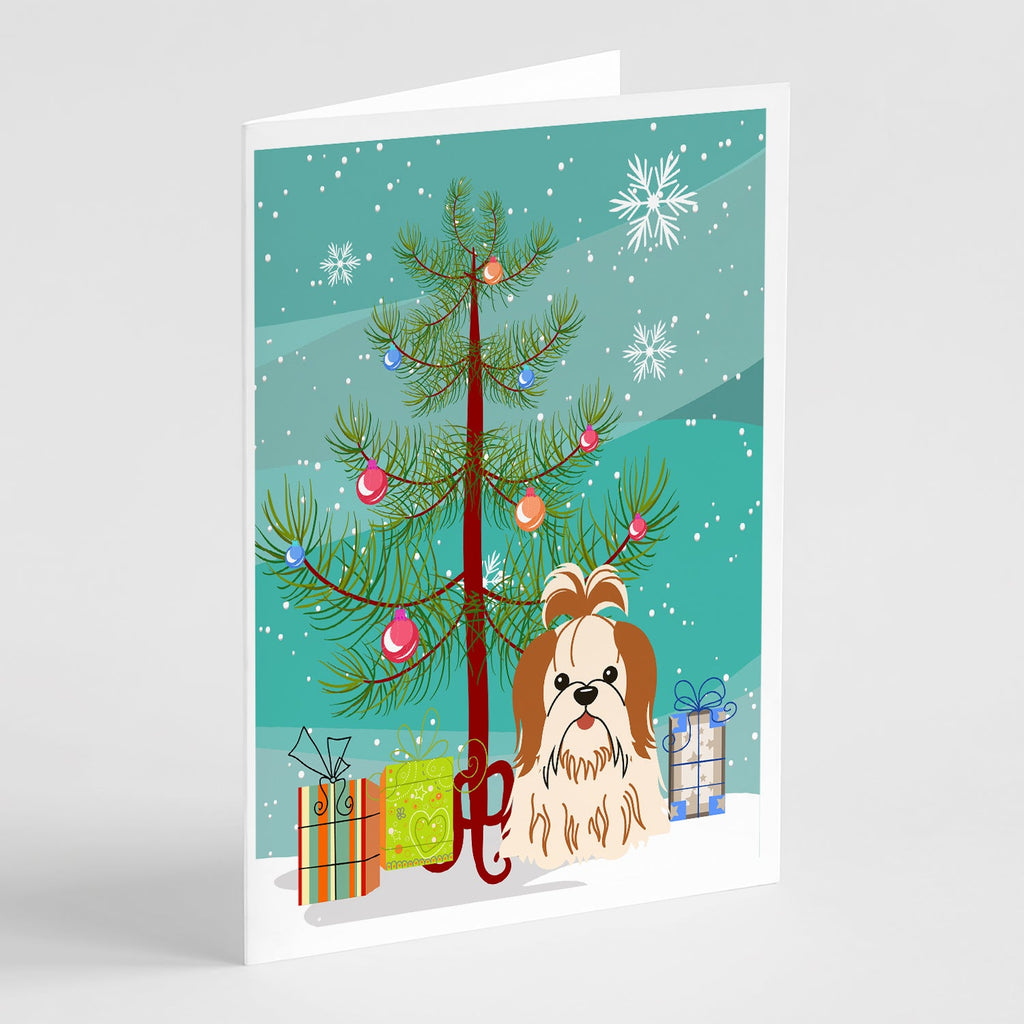 Merry Christmas Tree Shih Tzu Red White Greeting Cards Pack of 8 Blank Cards with Envelopes Whimsical A7 Size 5x7
