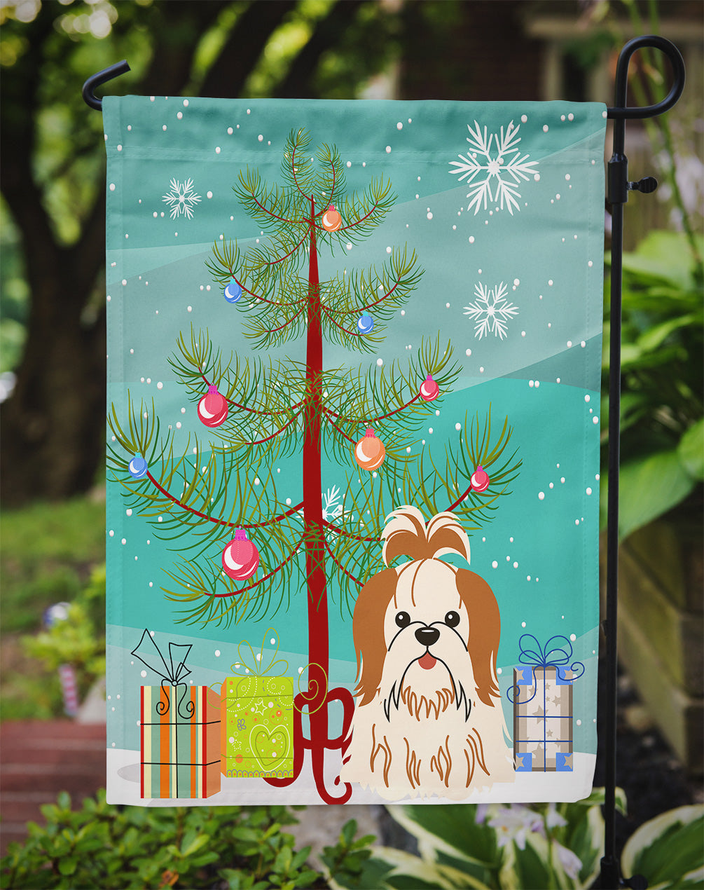 Merry Christmas Tree Shih Tzu Red White Garden Flag Mailbox Decorative Yard Banner Outside Patio Artwork for Flower Beds, Garden Size, Multicolor