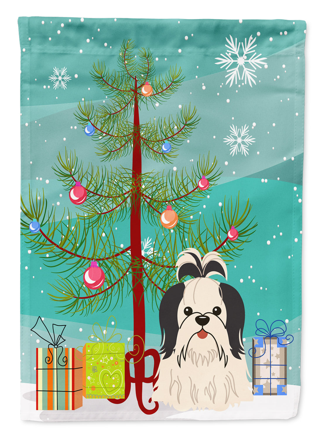 Merry Christmas Tree Shih Tzu Black White Garden Flag Mailbox Decorative Yard Banner Outside Patio Artwork for Flower Beds, Garden Size, Multicolor