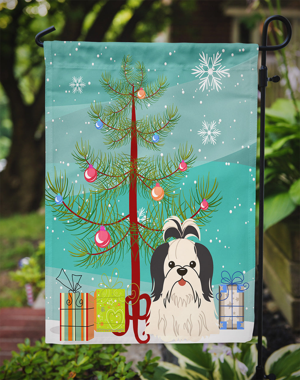 Merry Christmas Tree Shih Tzu Black White Garden Flag Mailbox Decorative Yard Banner Outside Patio Artwork for Flower Beds, Garden Size, Multicolor
