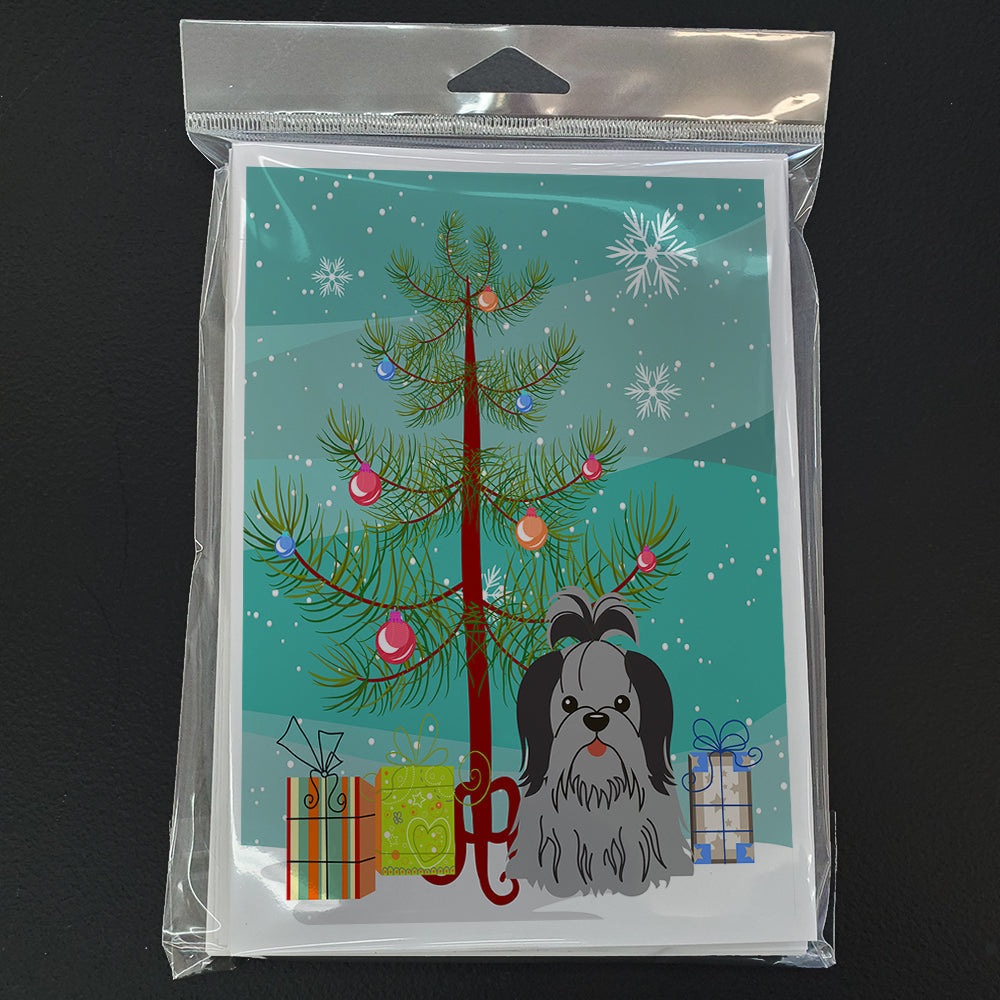 Merry Christmas Tree Shih Tzu Black Silver Greeting Cards Pack of 8 Blank Cards with Envelopes Whimsical A7 Size 5x7