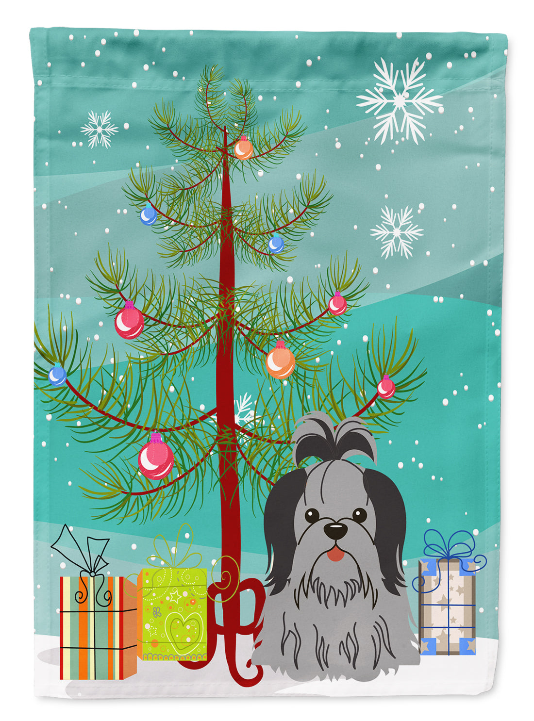 Merry Christmas Tree Shih Tzu Black Silver Garden Flag Mailbox Decorative Yard Banner Outside Patio Artwork for Flower Beds, Garden Size, Multicolor