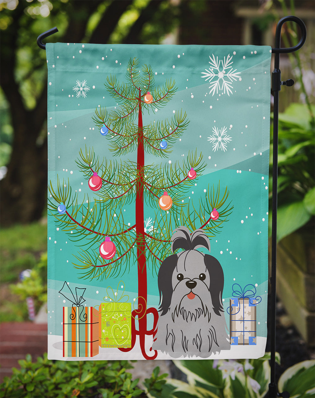 Merry Christmas Tree Shih Tzu Black Silver Garden Flag Mailbox Decorative Yard Banner Outside Patio Artwork for Flower Beds, Garden Size, Multicolor