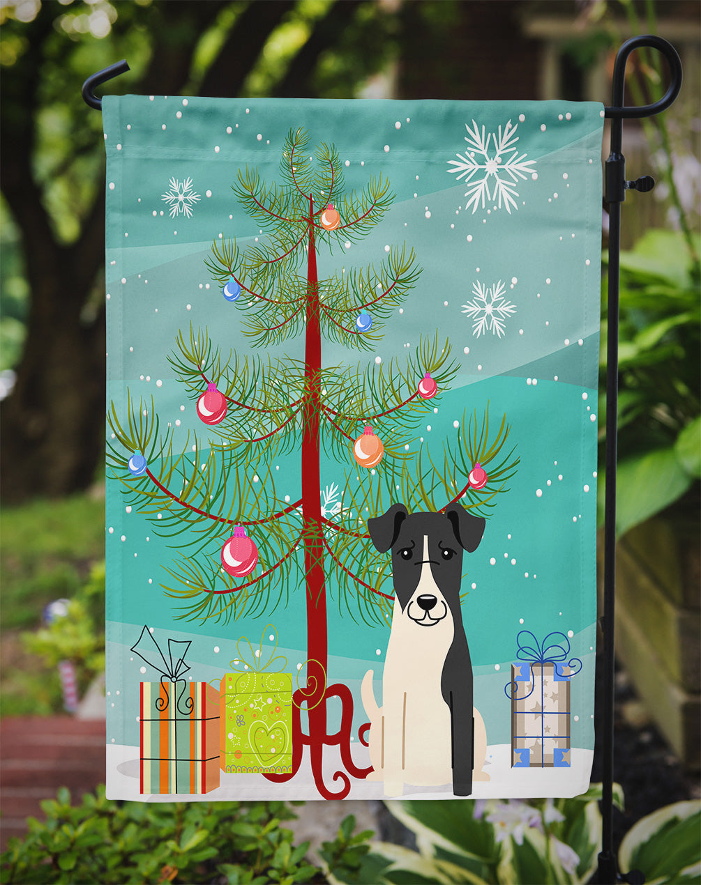 Merry Christmas Tree Smooth Fox Terrier Garden Flag Mailbox Decorative Yard Banner Outside Patio Artwork for Flower Beds, Garden Size, Multicolor