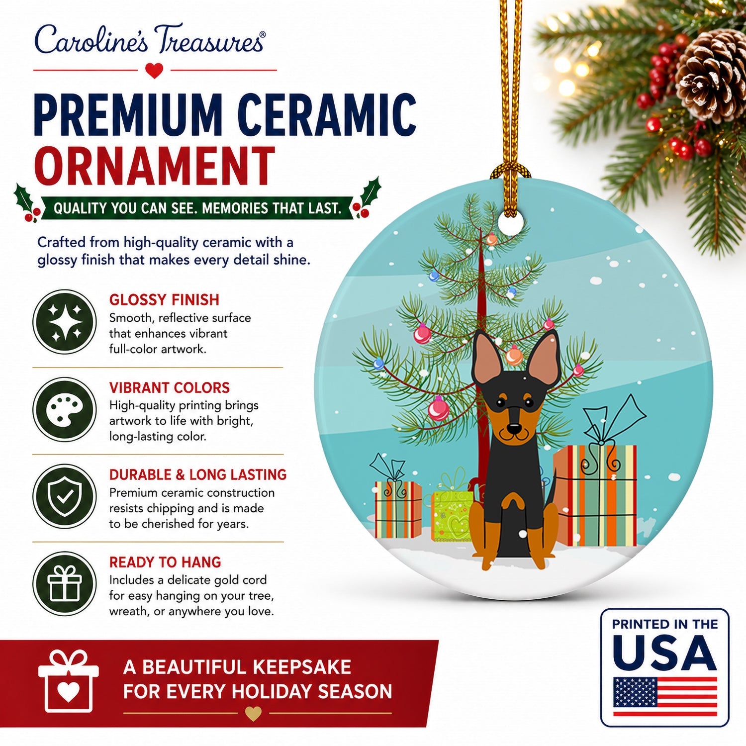 Merry Christmas Tree English Toy Terrier Ceramic Ornament Christmas Tree Hanging Decorations for Home Christmas Holiday, Party, Gift, 3 in, Multicolor