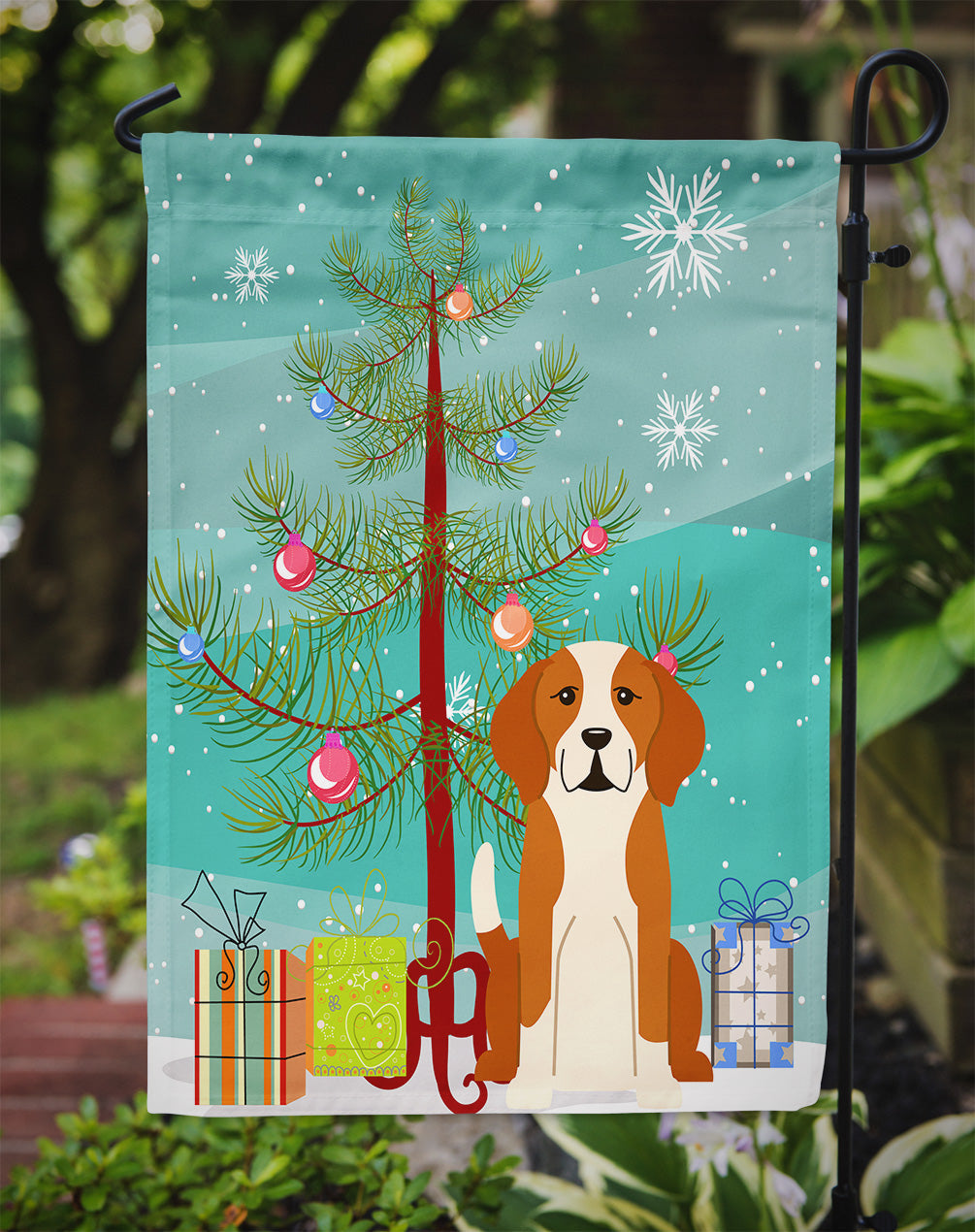Merry Christmas Tree English Foxhound Garden Flag Mailbox Decorative Yard Banner Outside Patio Artwork for Flower Beds, Garden Size, Multicolor