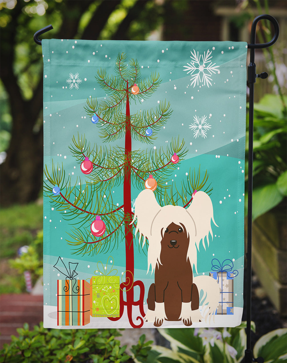 Merry Christmas Tree Chinese Crested Cream Garden Flag Mailbox Decorative Yard Banner Outside Patio Artwork for Flower Beds, Garden Size, Multicolor