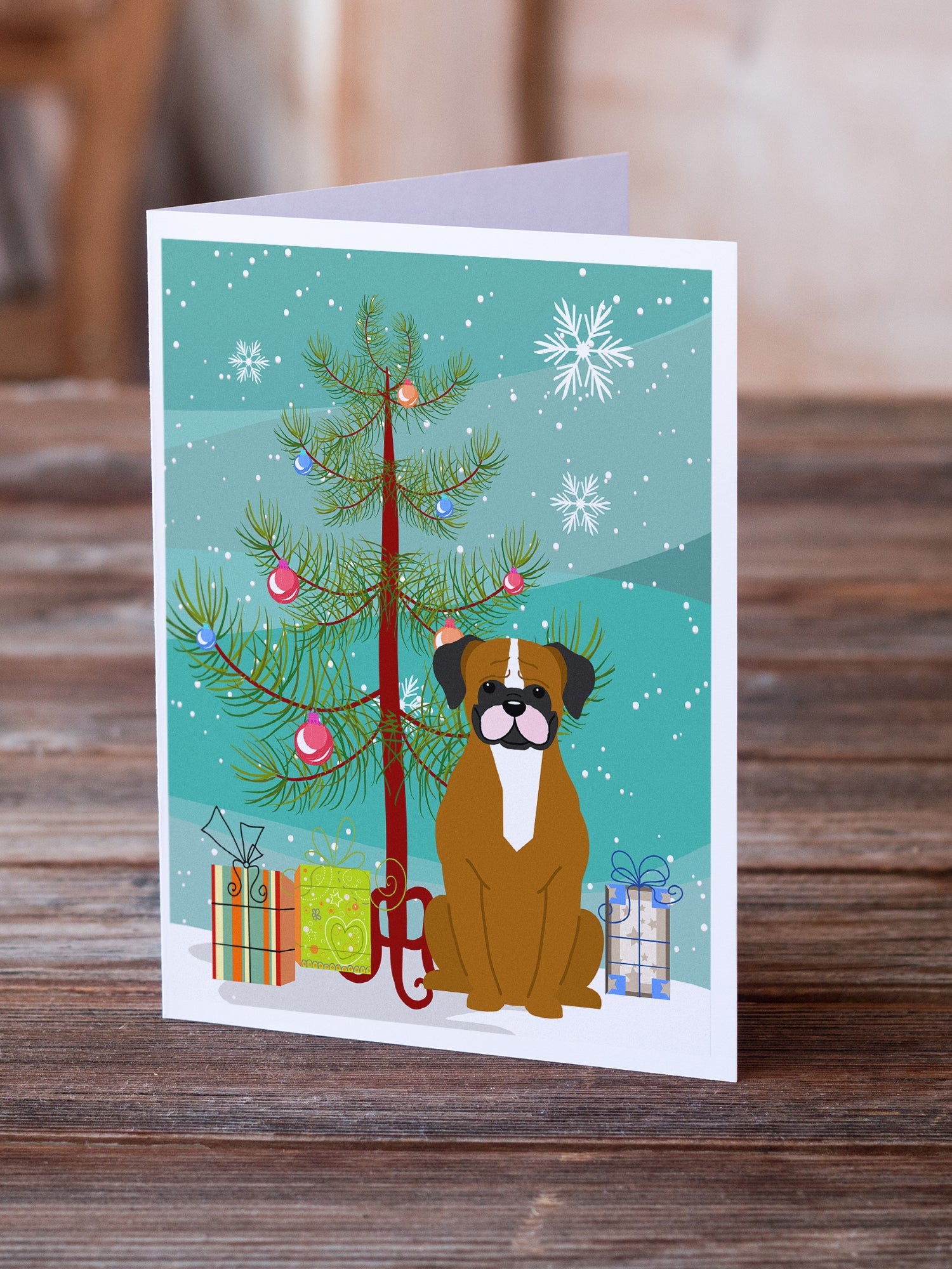 Merry Christmas Tree Flashy Fawn Boxer Greeting Cards Pack of 8 Blank Cards with Envelopes Whimsical A7 Size 5x7