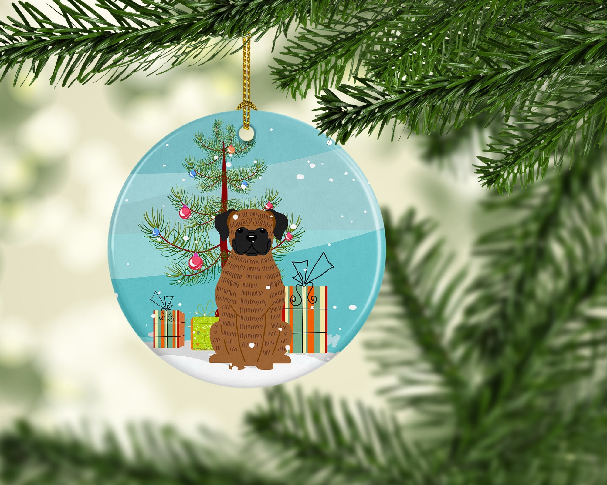 Merry Christmas Tree Brindle Boxer Ceramic Ornament Christmas Tree Hanging Decorations for Home Christmas Holiday, Party, Gift, 3 in, Multicolor