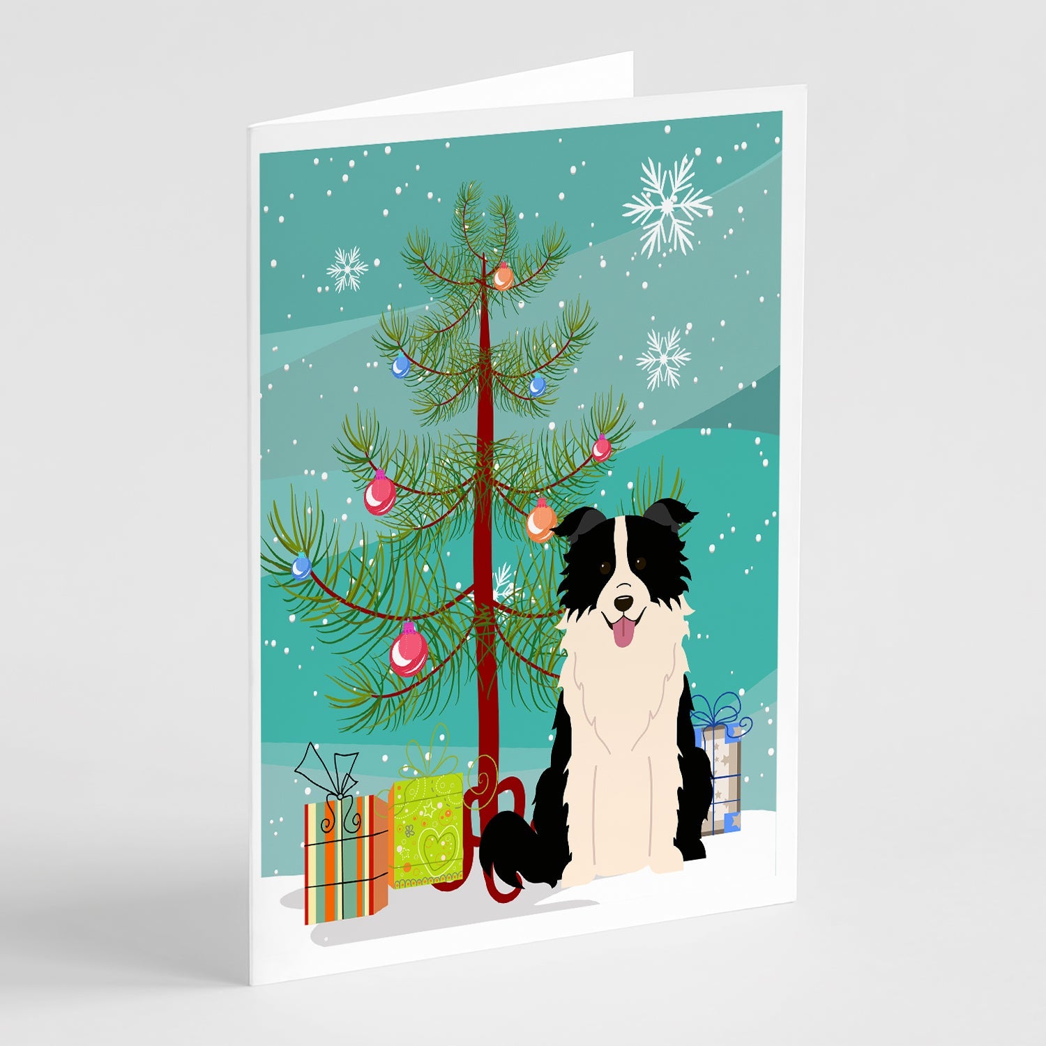 Merry Christmas Tree Border Collie Black White Greeting Cards Pack of 8 Blank Cards with Envelopes Whimsical A7 Size 5x7
