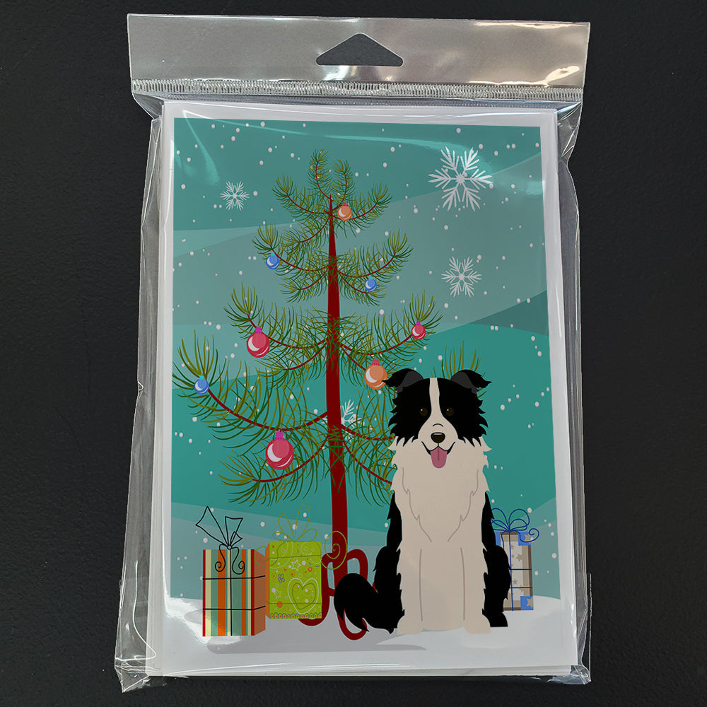 Merry Christmas Tree Border Collie Black White Greeting Cards Pack of 8 Blank Cards with Envelopes Whimsical A7 Size 5x7