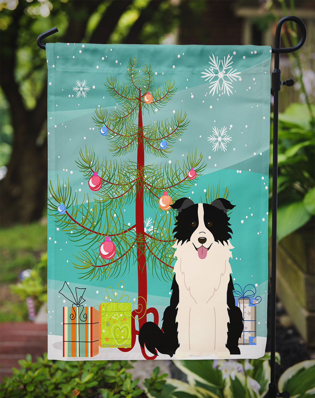 Merry Christmas Tree Border Collie Black White Garden Flag Mailbox Decorative Yard Banner Outside Patio Artwork for Flower Beds, Garden Size, Multicolor