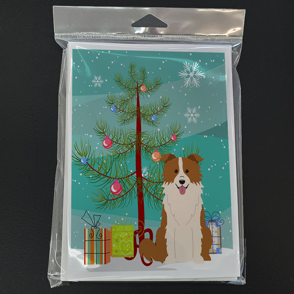 Merry Christmas Tree Border Collie Red White Greeting Cards Pack of 8 Blank Cards with Envelopes Whimsical A7 Size 5x7
