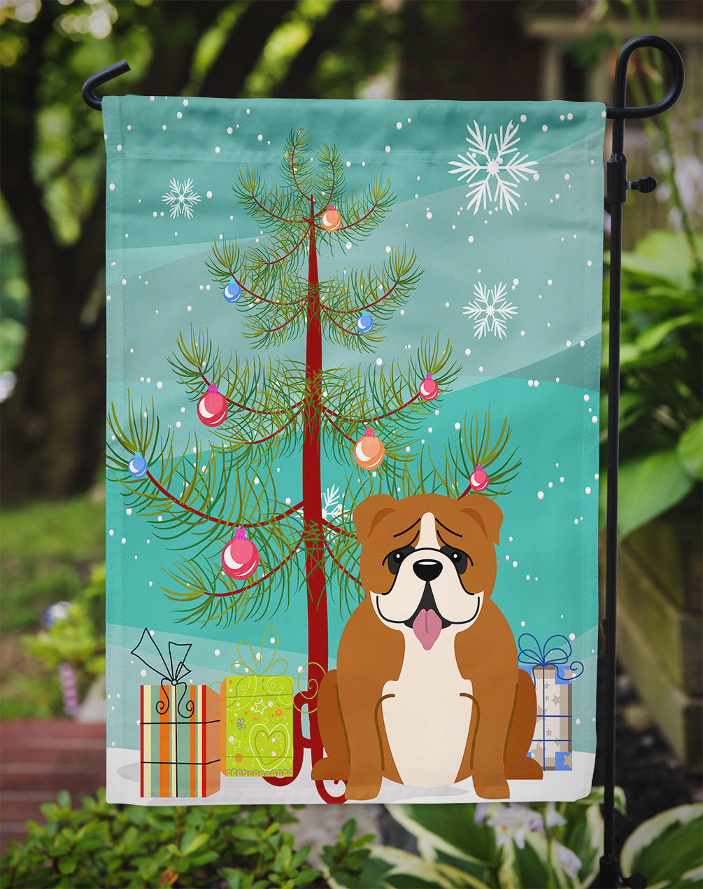 Merry Christmas Tree English Bulldog Red White Garden Flag Mailbox Decorative Yard Banner Outside Patio Artwork for Flower Beds, Garden Size, Multicolor