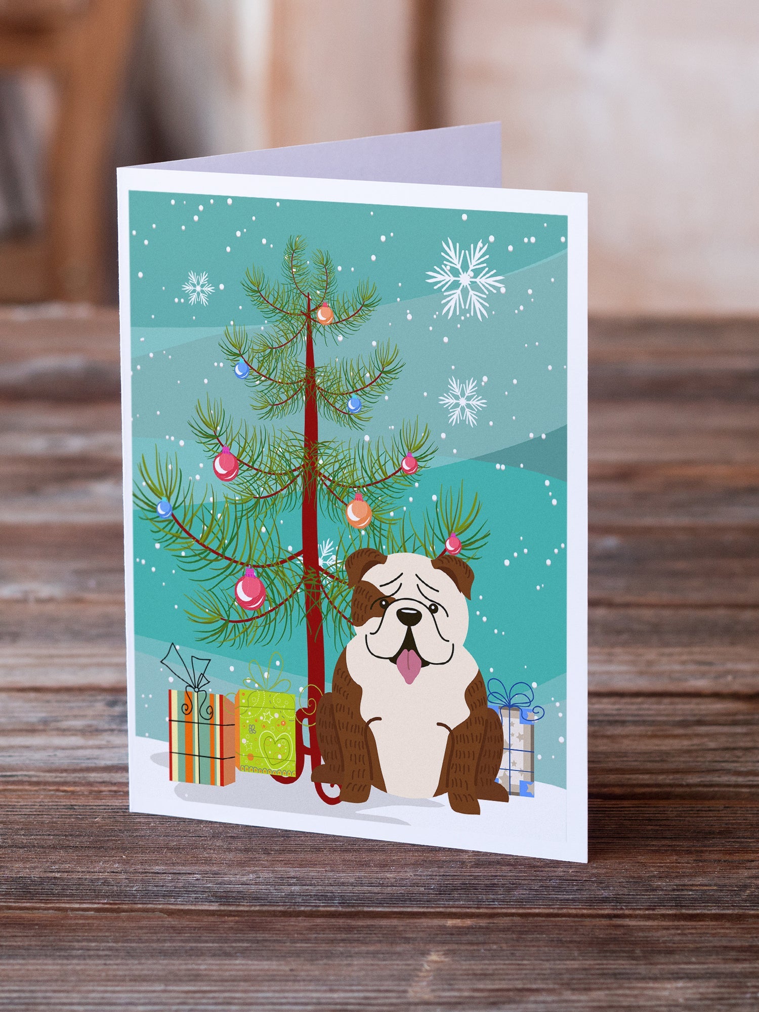 Merry Christmas Tree English Bulldog Brindle White Greeting Cards Pack of 8 Blank Cards with Envelopes Whimsical A7 Size 5x7
