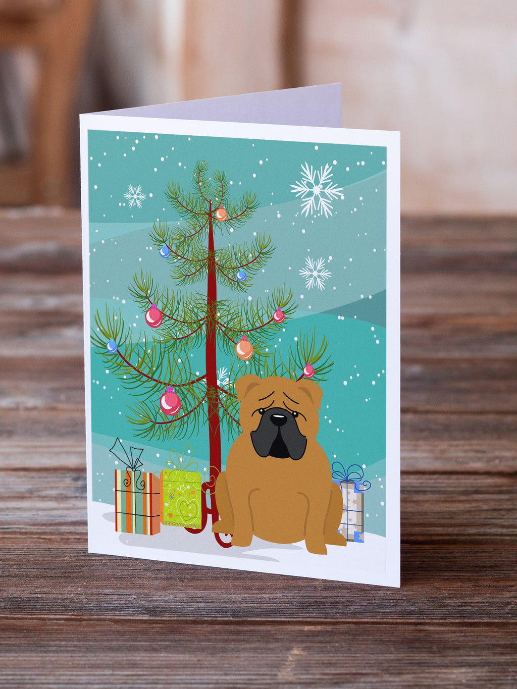 Merry Christmas Tree English Bulldog Red Greeting Cards Pack of 8 Blank Cards with Envelopes Whimsical A7 Size 5x7