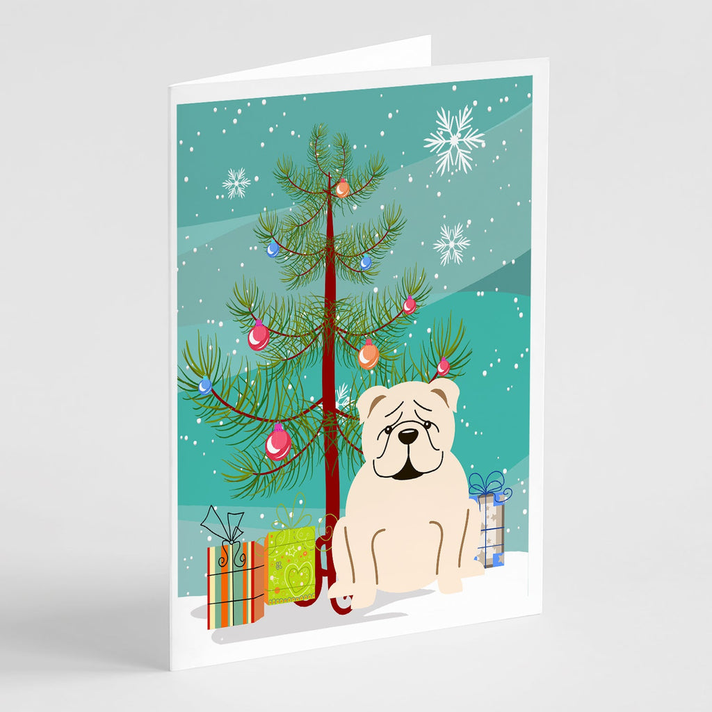 Merry Christmas Tree English Bulldog White Greeting Cards Pack of 8 Blank Cards with Envelopes Whimsical A7 Size 5x7