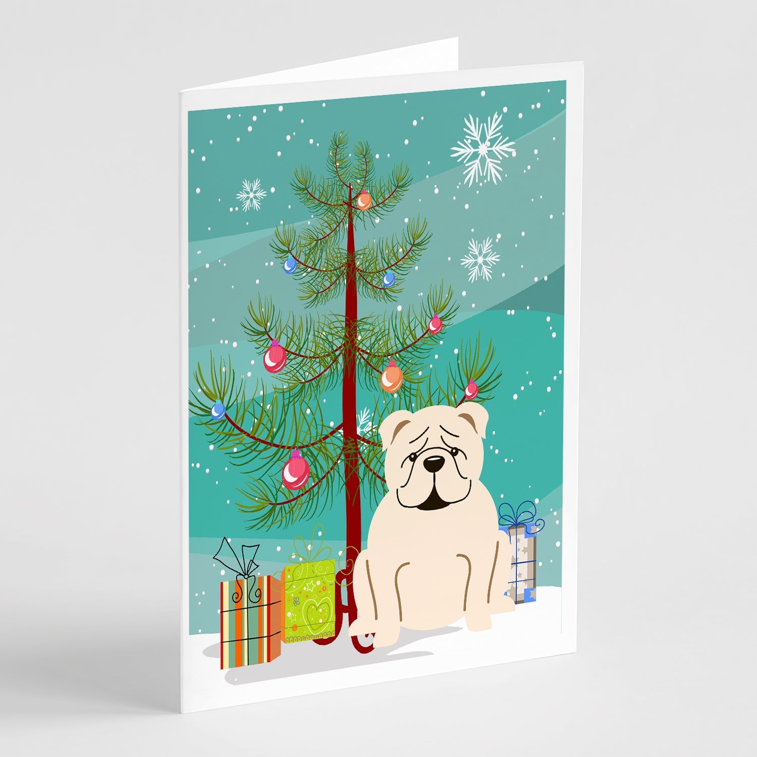 Merry Christmas Tree English Bulldog White Greeting Cards Pack of 8 Blank Cards with Envelopes Whimsical A7 Size 5x7