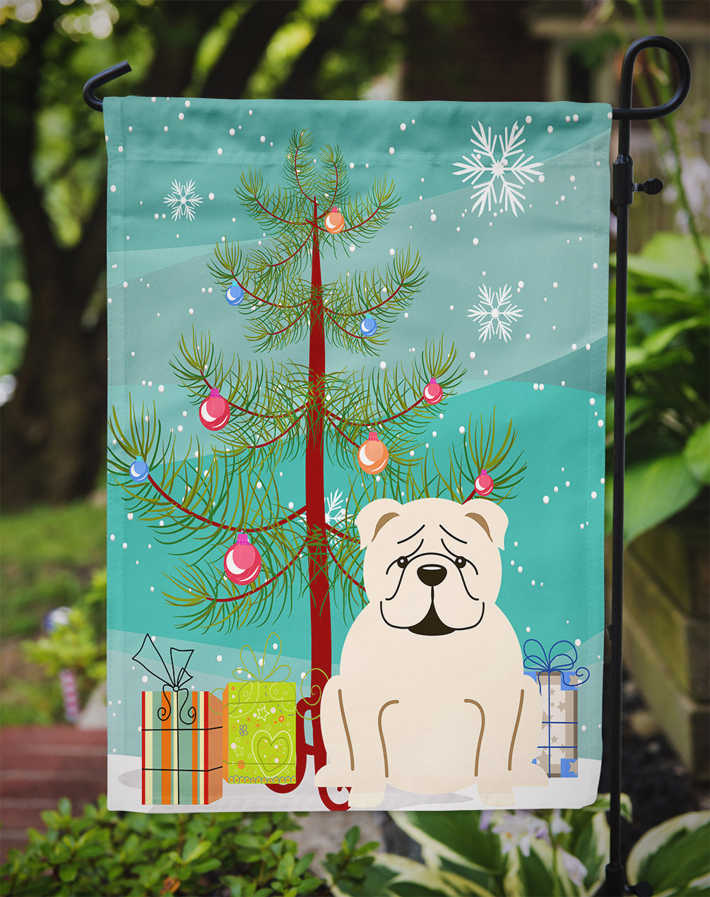 Merry Christmas Tree English Bulldog White Garden Flag Mailbox Decorative Yard Banner Outside Patio Artwork for Flower Beds, Garden Size, Multicolor