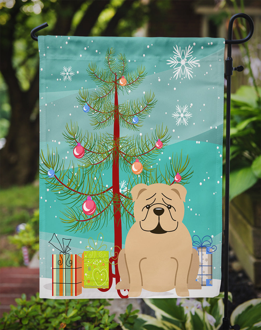 Merry Christmas Tree English Bulldog Fawn Garden Flag Mailbox Decorative Yard Banner Outside Patio Artwork for Flower Beds, Garden Size, Multicolor