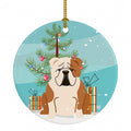 Merry Christmas Tree English Bulldog Fawn White Ceramic Ornament Christmas Tree Hanging Decorations for Home Christmas Holiday, Party, Gift, 3 in, Multicolor