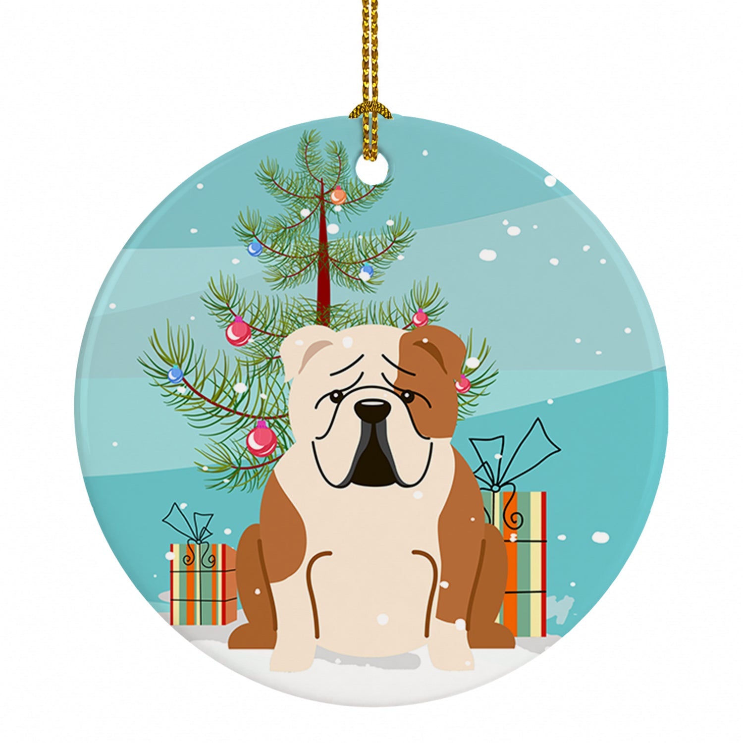 Merry Christmas Tree English Bulldog Fawn White Ceramic Ornament Christmas Tree Hanging Decorations for Home Christmas Holiday, Party, Gift, 3 in, Multicolor