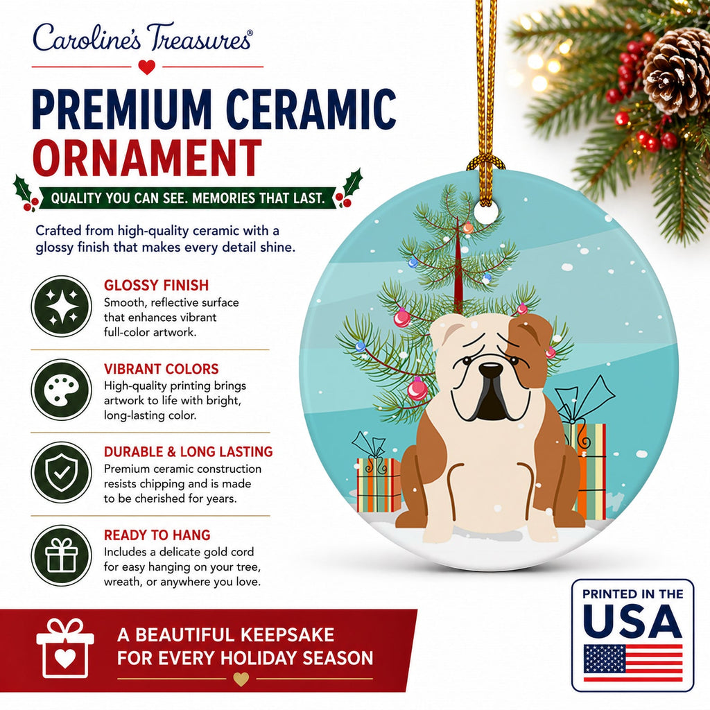 Merry Christmas Tree English Bulldog Fawn White Ceramic Ornament Christmas Tree Hanging Decorations for Home Christmas Holiday, Party, Gift, 3 in, Multicolor