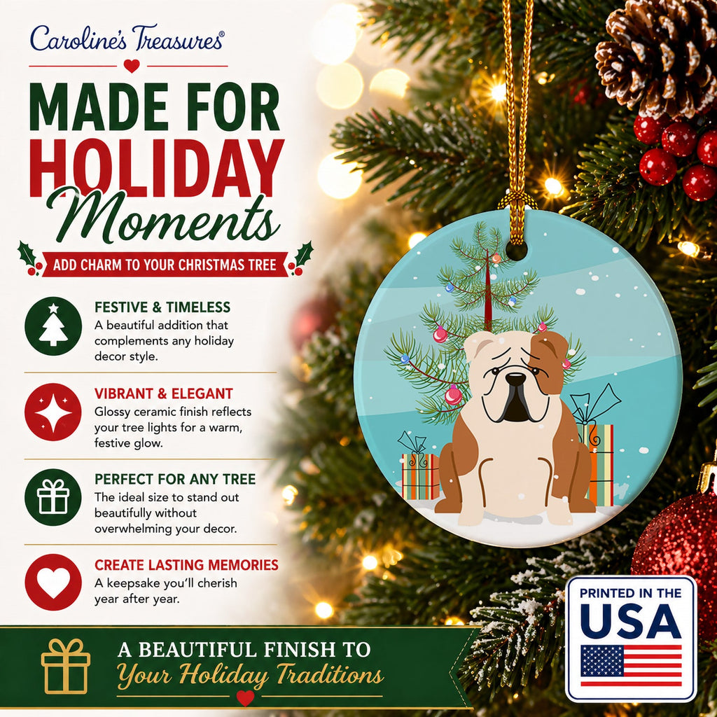 Merry Christmas Tree English Bulldog Fawn White Ceramic Ornament Christmas Tree Hanging Decorations for Home Christmas Holiday, Party, Gift, 3 in, Multicolor