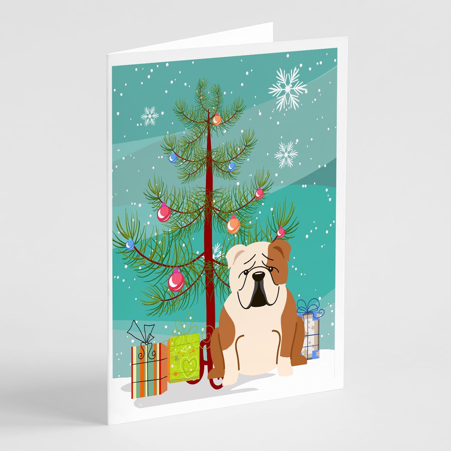 Merry Christmas Tree English Bulldog Fawn White Greeting Cards Pack of 8 Blank Cards with Envelopes Whimsical A7 Size 5x7