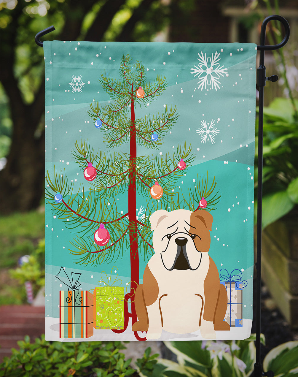 Merry Christmas Tree English Bulldog Fawn White Garden Flag Mailbox Decorative Yard Banner Outside Patio Artwork for Flower Beds, Garden Size, Multicolor
